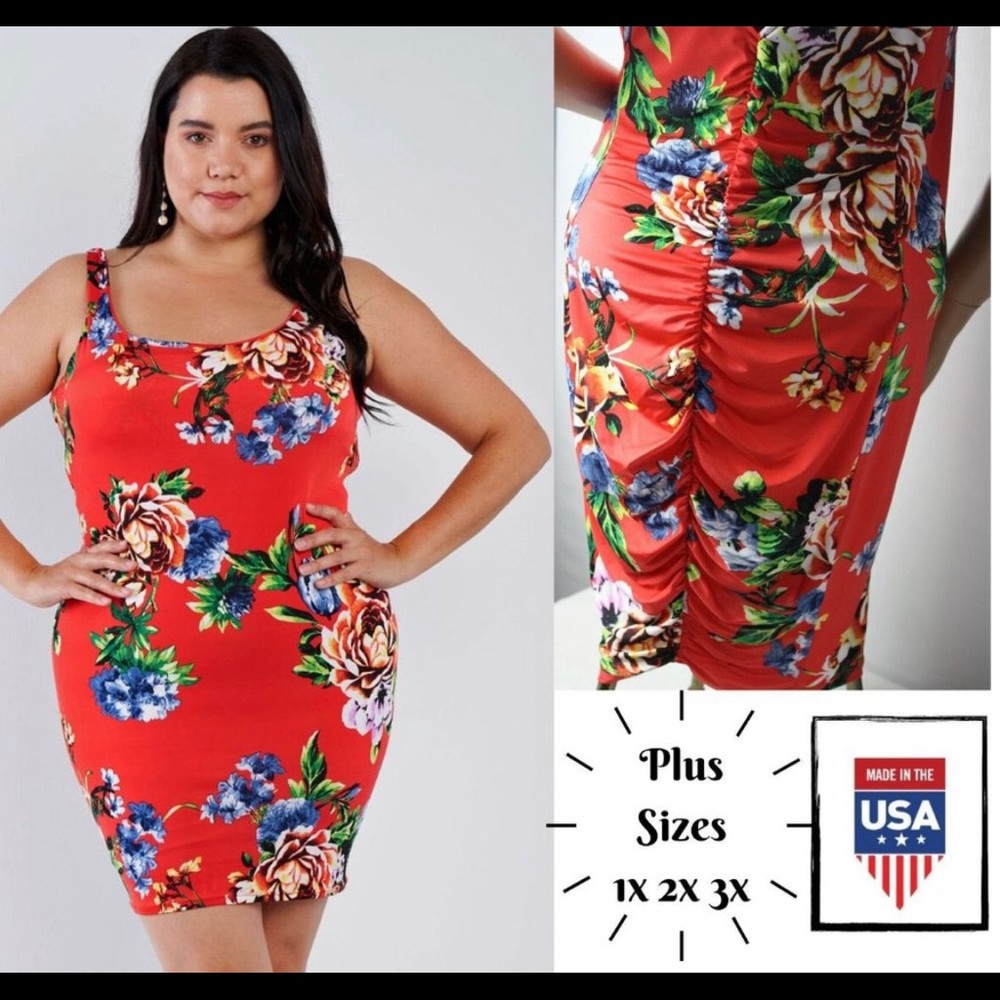 NWT JR PLUS SZ  FLORAL PRINT RUCHED BACK BODYCON MINI 👗